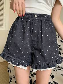 DAZY Quần short denim nữ in chấm bi, có túi, viền bèo nhún và cúc cài. - màu đen - Xem 10