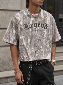 Manfinity ZONE917 Boxy Cropped Loose Distressed Gothic LEGEND Print Short Sleeve T-Shirt (High Quality) - Multicolor - View 5