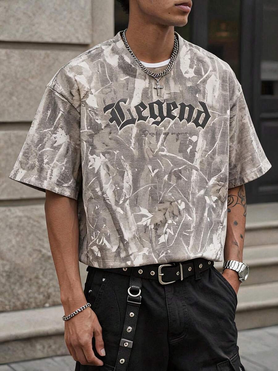 Manfinity ZONE917 Camiseta de manga corta con estampado LEGEND, corta, holgada y desgastada, de estilo gótico (alta calidad) - Multicolor - Ver 1