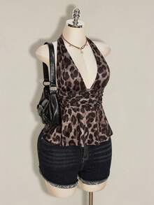 SHEIN ICON Women's Leopard Print Halter Backless Tight Crop Top, Summer Streetwear,Summer Top - Multicolor - View 7