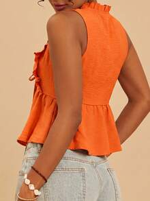 Travachic Women's Solid Color Pleated Tie Front Casual Boho Versatile Daily Wear Blouse Summer Holiday Outfits For Women Beach Orange Red - Orange - View 7