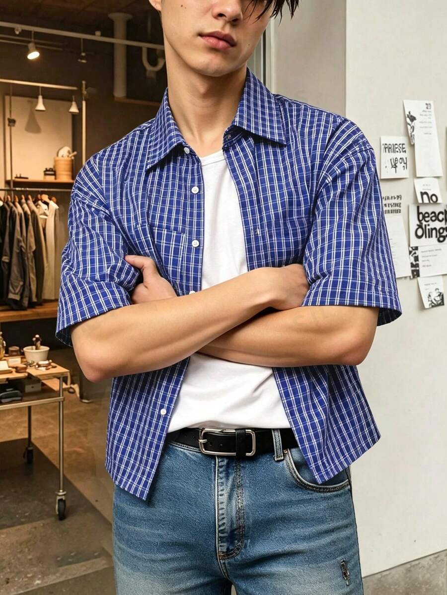 Manfinity Dauomo 男士前扣格子休闲短袖衬衫,日常穿着 - 藍色 - 查看 1