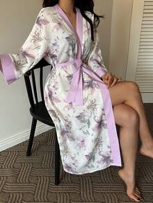DAZY 女士优雅印花系带睡袍 - 白色 - 查看 6