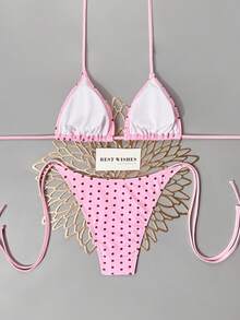 Swim Mod Bộ bikini hai mảnh nữ xuân/hè 2026, nền đen chấm bi trắng in ngẫu nhiên, phong cách ngọt ngào dễ thương, dây buộc cổ, buộc bên hông - Hồng - Xem 3