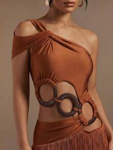 Hauture Women's Sexy One-Shoulder Asymmetrical Neck Fringe Tassel Layered Maxi Dress Bamboo Ring Decor - Rust Brown - View 2