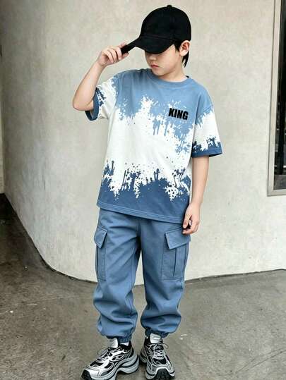 Teenager Boy Gradient Color English Text Printed Round Neck Short Sleeve T-Shirt And Cargo Pants Set, Suitable For Festivals, Parties, Spring/Summer, Lightweight And Comfortable, Fashionable Casual Outfit For Street, Campus, Outdoor, Gift