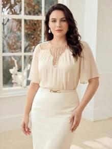 MOTF PREMIUM PLUS SIZE WOMEN'S CHIFFON CONTRAST MESH EMBROIDERED ROMANTIC BLOUSE, SPRING/SUMMER - Apricot - View 1