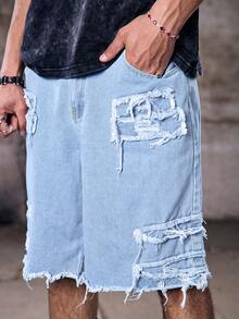 Skyrend Men's Loose Fit Light Blue Ripped Frayed Raw Hem Denim Shorts Y2K Streetwear Jorts - Light Wash - View 7