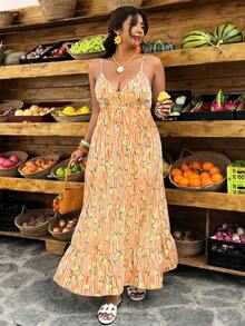 Weeklong Plus Size Women's Casual Vacation Dress With Ruffled Backless, Striped Lemon Print, A-Line, Spring/Summer - Multicolor - View 2