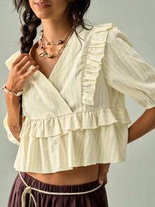 SoleilVie Women's Asymmetric Cross Front Petal Sleeve Blouse - Yellow - View 4