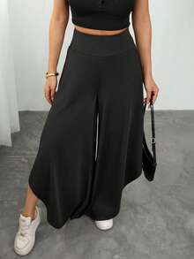 SHEIN PETITE Quần dài nữ dáng rộng bất đối xứng, thích hợp cho mùa xuân/hè, lễ tốt nghiệp và mùa thu. - màu đen - Xem 7