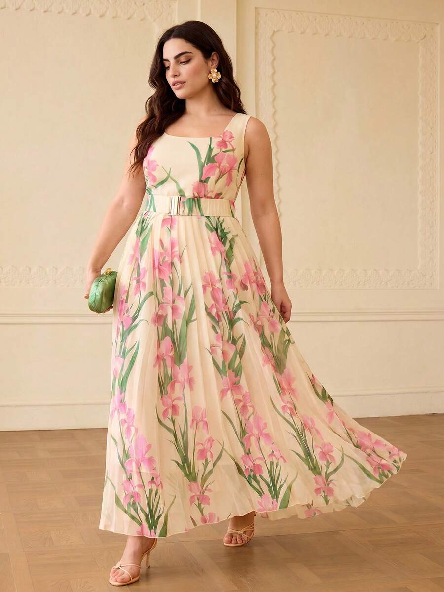 ZEYLAH ELEGANT PLUS SIZE WOMEN IRIS FLOWER PRINT LONG DRESS - Multicolor - View 1