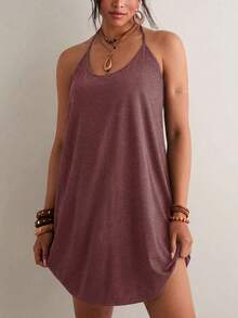 Freevana Plus Size Women Solid Color Casual Halter Loose Dress - Burgundy - View 4