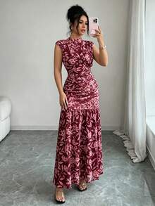 Elenzga Yellow Printed Ruched Waist Ruched Slit Elegant Dress For Women - Burgundy - View 3