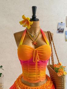 Soleia Women's Gradient Color Pleated Halter Neck Tie Blouse, Romantic Vacation, Suitable For Daily Commute, Beach, Seaside, Sexy,Summer Top - Multicolor - View 7