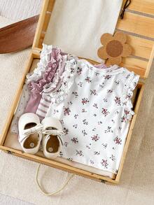 SHEIN Vintaside Kids 3 Stück/Set Baby Mädchen Sommer Casual Süß Bequem Elastisch Tops Einfarbig Rosa Apricot Gestreift Rüschen Ärmel Weste Weiß Blumen Familie Passend - Pink - Übersicht 2