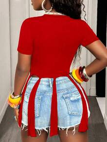 BamGleam Motorcycle Letter Print Cropped T-Shirt With Wing Hem Tassel - Red - View 2