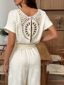 Ellevyn Vacation Backless Floral Trim Wide Leg Jumpsuit In Apricot - Apricot - View 2