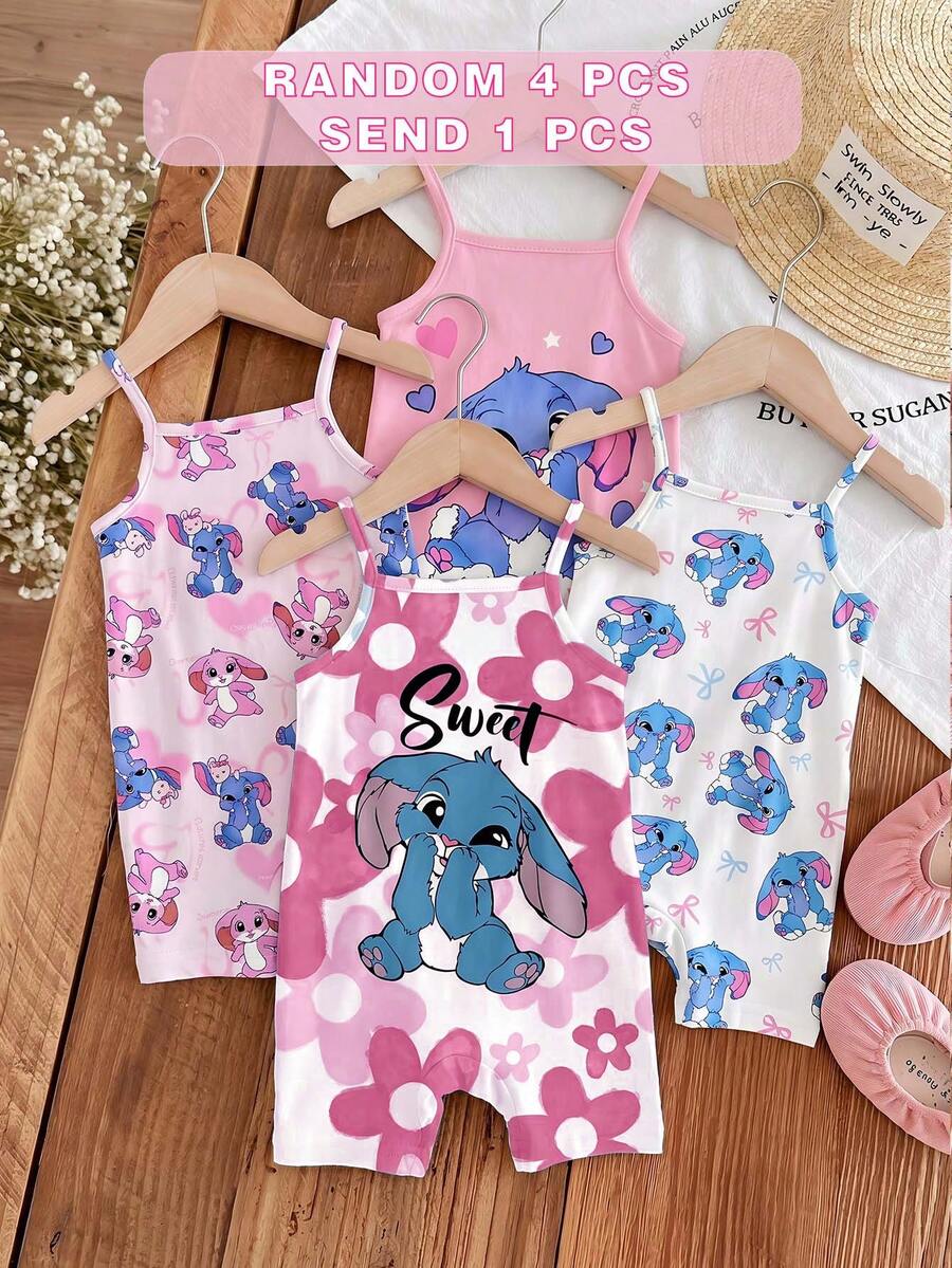 女嬰可愛粉色夏季休閒肩帶連身褲,Kawaii 藍色兔子 Lulu & Stitch 圖案,漸層花卉圖案,韓系舒適女嬰日常穿搭 - 彩色 - 查看 1