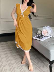SHEIN Women's Deep V-Neck Bow Tie Nightgown - Yellow - View 6