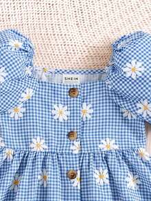 LMoss Kids 女嬰編織格紋與碎花方領泡泡袖休閒洋裝 - 藍色 - 查看 4