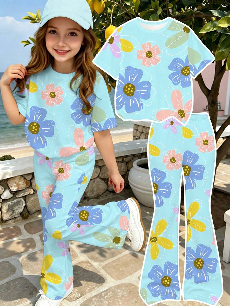 1 Conjunto Camisa de Manga Curta com Estampa Floral e Calça Flare para Meninas, Fofo e Doce, Versátil para Uso Diário e Passeios - Multicolorido - Visão 1