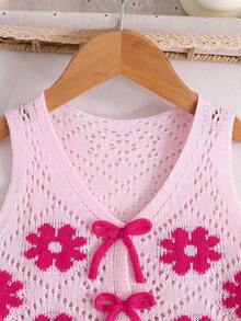 SHEIN Bộ đồ thường ngày cho bé gái, áo và quần short họa tiết hoa nơ. - Hồng - Xem 3