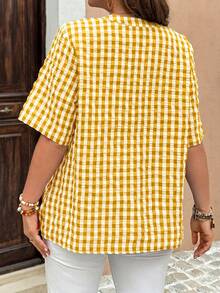 EMERY ROSE Plus Size V-Neck Raglan Sleeve Black & White Plaid Shirt, Flattering - Yellow - View 2