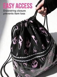 ROMWE Tas Serut Grimace Horor Y2K - Ransel Saku Bermotif Renda Warna Pink Gothic untuk Sekolah, Komuter, Halloween, dan Penggunaan Sehari-hari - Ringis merah muda - View 4