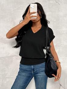 SHEIN PETITE Women's Solid Color V-Neck Short Sleeve Casual Versatile T-Shirt,Petite Women City Break Black Summer - Black - View 9