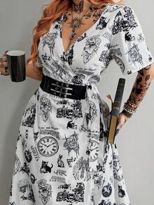 Whyspr Vestido con estampado, de cuello en V, sexy, de manga corta y que ciñe la cintura - Blanco - Ver 6