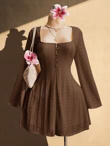 SHEIN ICON Plus Size Women's Square Neck Sexy Y2K Waist Flare Dress, Suitable For Spring And Autumn, Vacation - Brown - View 3