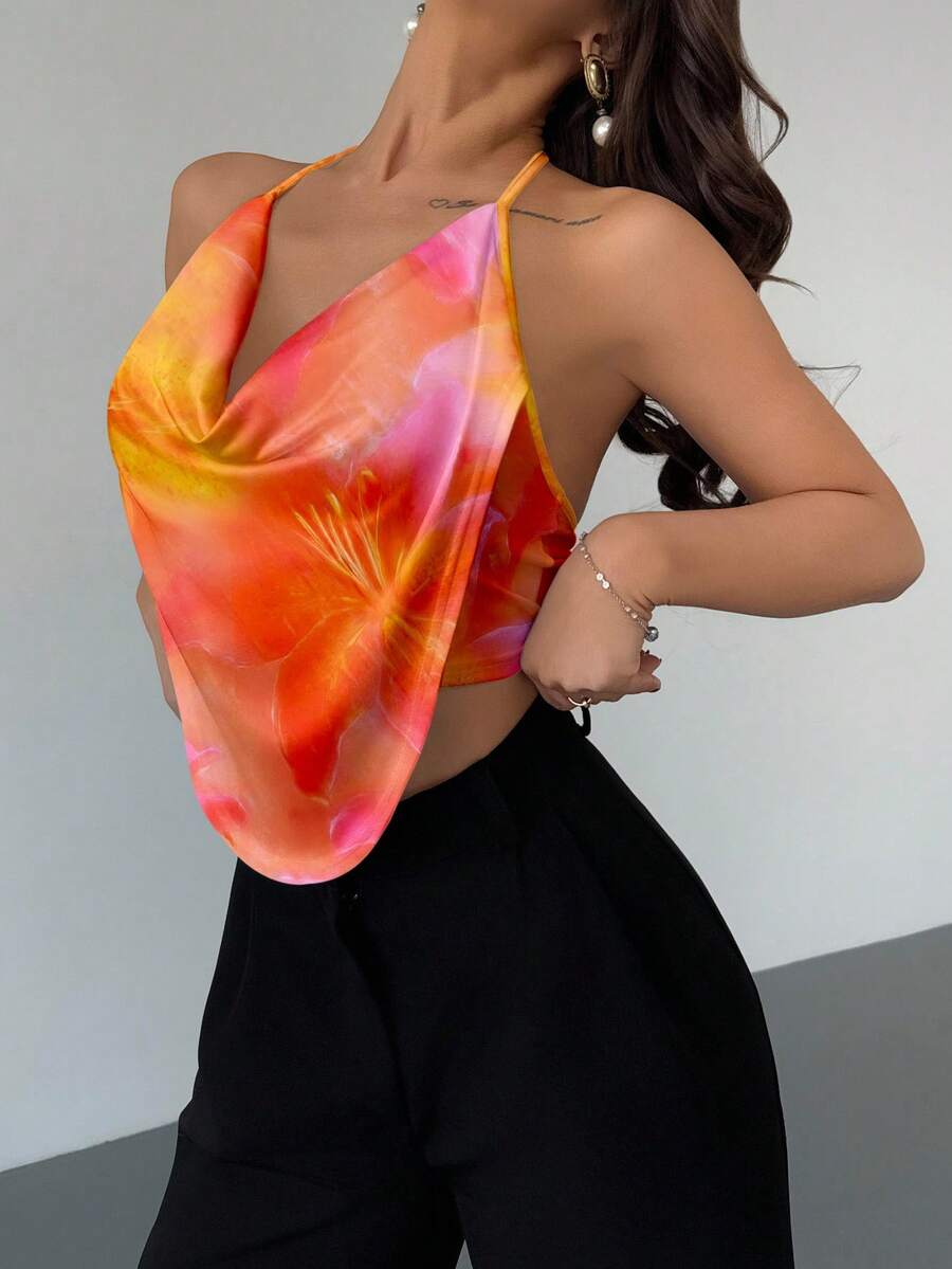 Firerie Áo tank top cổ yếm in họa tiết hoa ly Hawaii tối giản, thanh lịch, gợi cảm, thích hợp cho mùa hè, lễ hội âm nhạc, lễ hội hóa trang, kỳ nghỉ biển. Áo kiểu nữ thanh lịch, trang phục đi nghỉ mát, áo nữ thường ngày. - trái cam - Xem 1