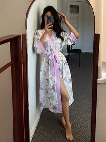 DAZY 女士优雅印花系带睡袍 - 白色 - 查看 3