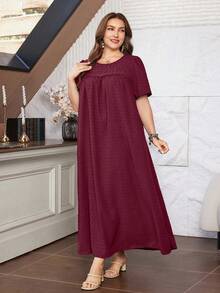 Lacomfia Gaun Kasual Minimalis Jacquard Pom Pom Leher Bulat Longgar Lengan Pendek Ukuran Besar, Cocok untuk Musim Semi & Gugur - Burgundy - View 6
