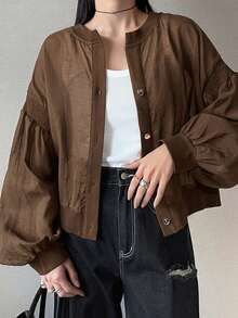 FRIFUL Women's Casual Loose Metal Button Decor Jacket, Versatile For Spring & Summer - Brown - View 3