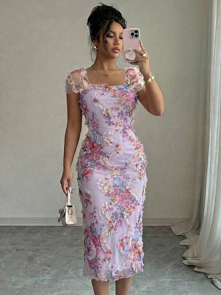 Elenzga Đầm midi nữ thanh lịch, lãng mạn, chất liệu lưới in họa tiết, xếp ly, thích hợp cho mùa cưới, tiệc tùng, hẹn hò, đi chơi thường ngày, mùa xuân/hè. - Màu tím - Xem 1