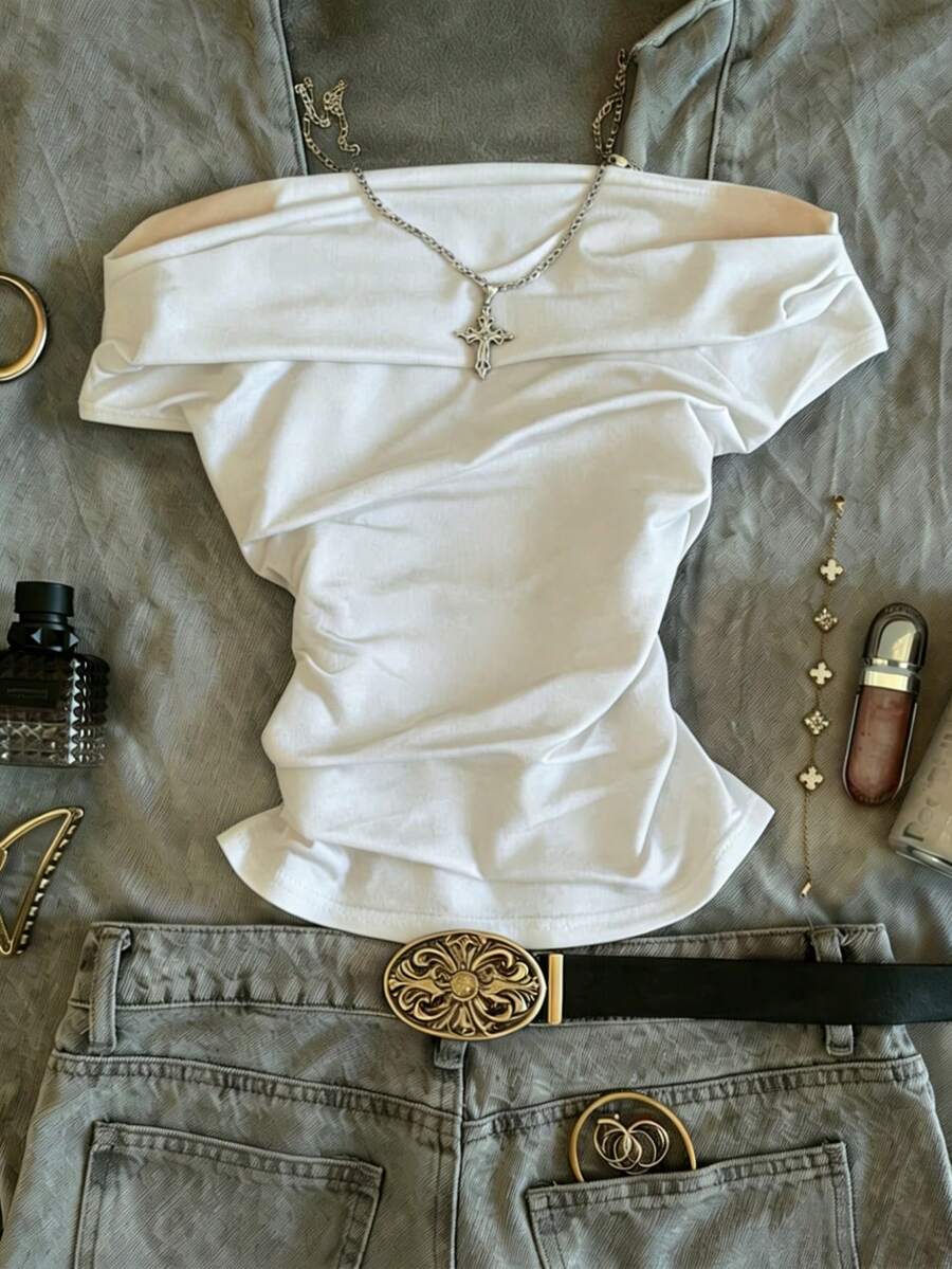 Glimmora Women's Solid Color Off-Shoulder Ruched Casual T-Shirt - White - View 1