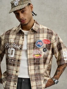 PAVTROS Men's Retro Casual Plaid Letter Print Front Button Short Sleeve Shirt, Summer - Brown - View 6