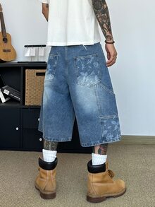 STEELVANCE Quần short denim dáng rộng, thoải mái, đa năng, in laser họa tiết râu mèo và đinh tán, phong cách đường phố cổ điển, thích hợp cho mùa hè. - Màu xanh lam - Xem 6