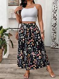 SHEIN LUNE Plus Size Women Vacation Plant Print Casual Skirt Vacation Black Summer