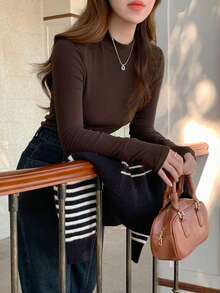 DAZY Women's Turtleneck Long Sleeve Fitted Basic T-Shirt, Casual & Fashionable For Everyday Wear,Fall Clothes - Coffee Brown - View 2