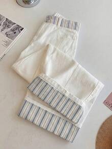 EMERY ROSE Plus Size Women Striped Patchwork Pocket Button Denim Jeans - White - View 1