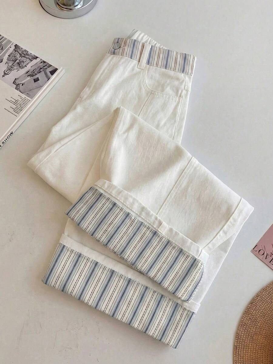 EMERY ROSE Plus Size Women Striped Patchwork Pocket Button Denim Jeans - White - View 1