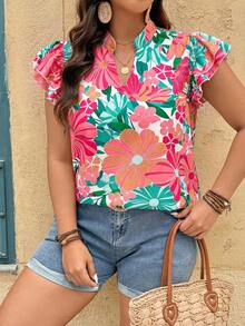 Breezaya Blusa con cuello en V, mangas con volantes y estampado floral para mujer talla grande - Multicolor - Ver 1
