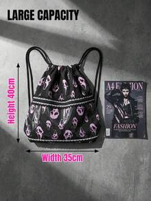 ROMWE Tas Serut Grimace Horor Y2K - Ransel Saku Bermotif Renda Warna Pink Gothic untuk Sekolah, Komuter, Halloween, dan Penggunaan Sehari-hari - Ringis merah muda - View 6