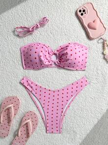 Swim Mod 女款夏季黑白波點印花緊身性感沙灘兩件式比基尼泳衣 - 粉色 - 查看 1