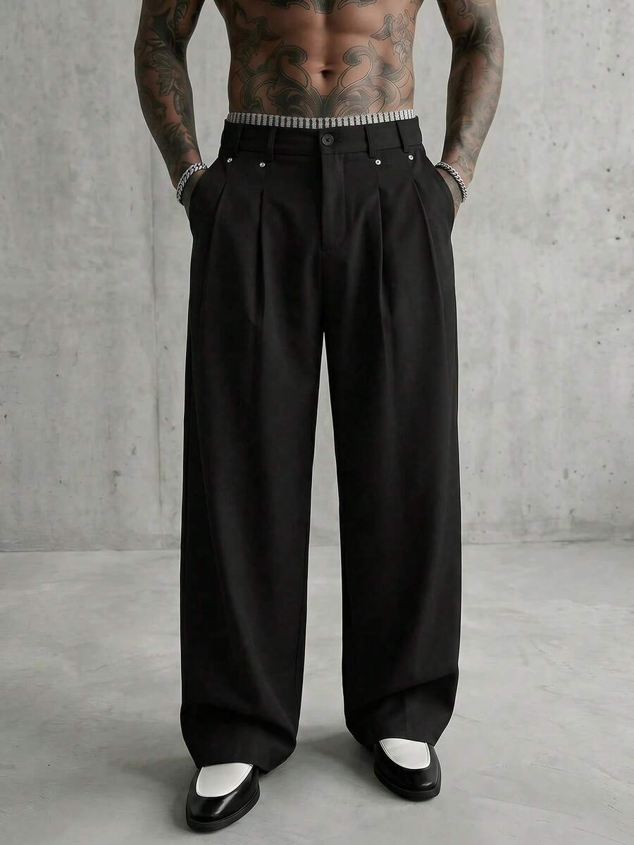 AXEPEAK Men's Solid Color Pleated Wide Leg Loose Casual Pants - Black - View 1