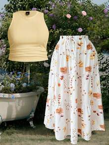 Comfortcana Plus Size Women Casual Solid Color Tank Top And Floral Print Elegant Skirt 2 Piece Set - Pale Yellow - View 1