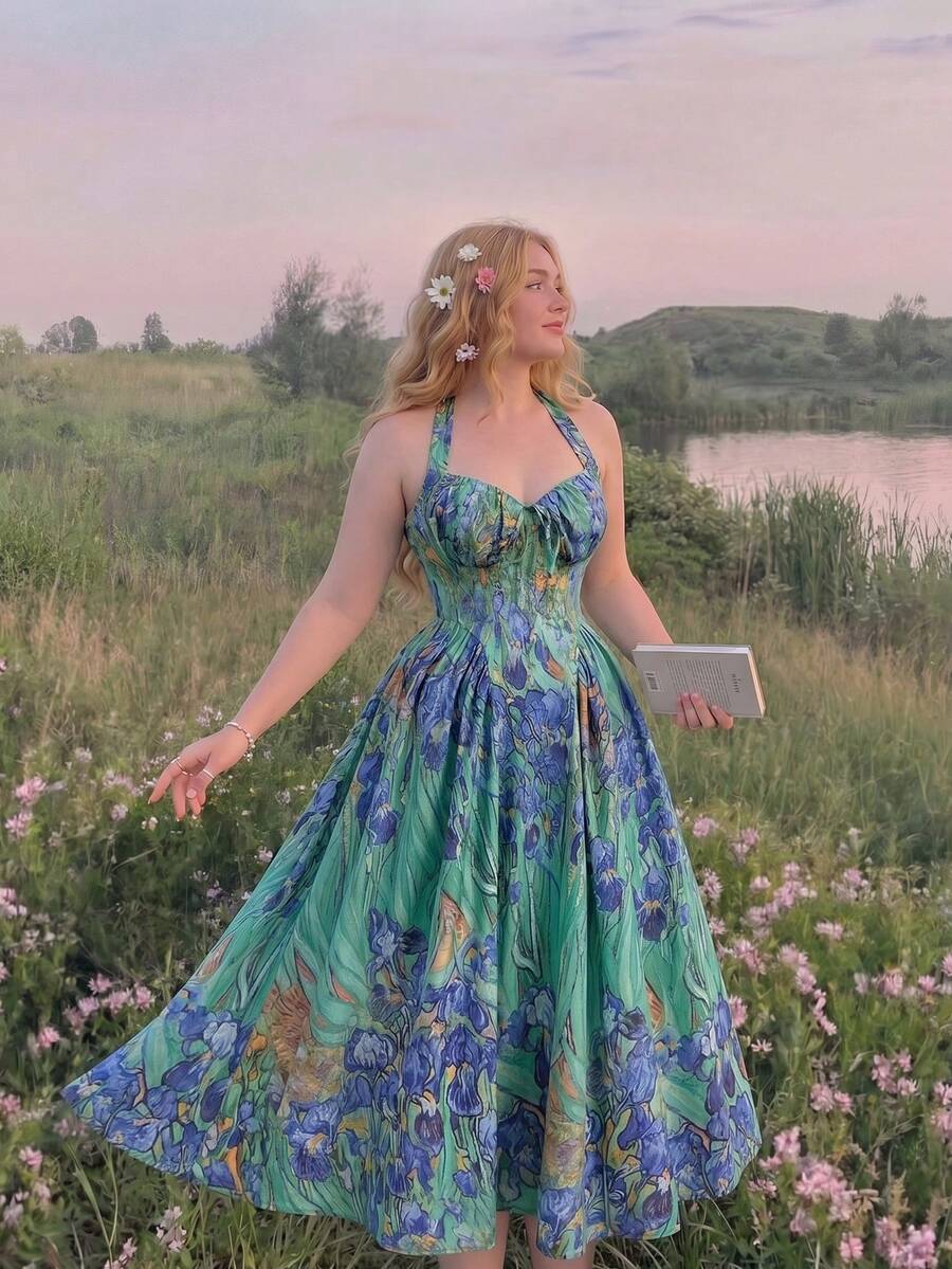 SHEIN MOD 大码女式油画蓝色印花露背无袖中长连衣裙 - 彩色 - 查看 1